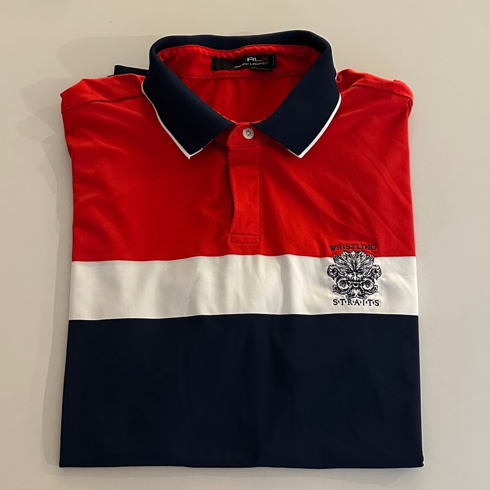 RLX Ralph Lauren Golf Polo Shirt, Red, Blue & White Striped